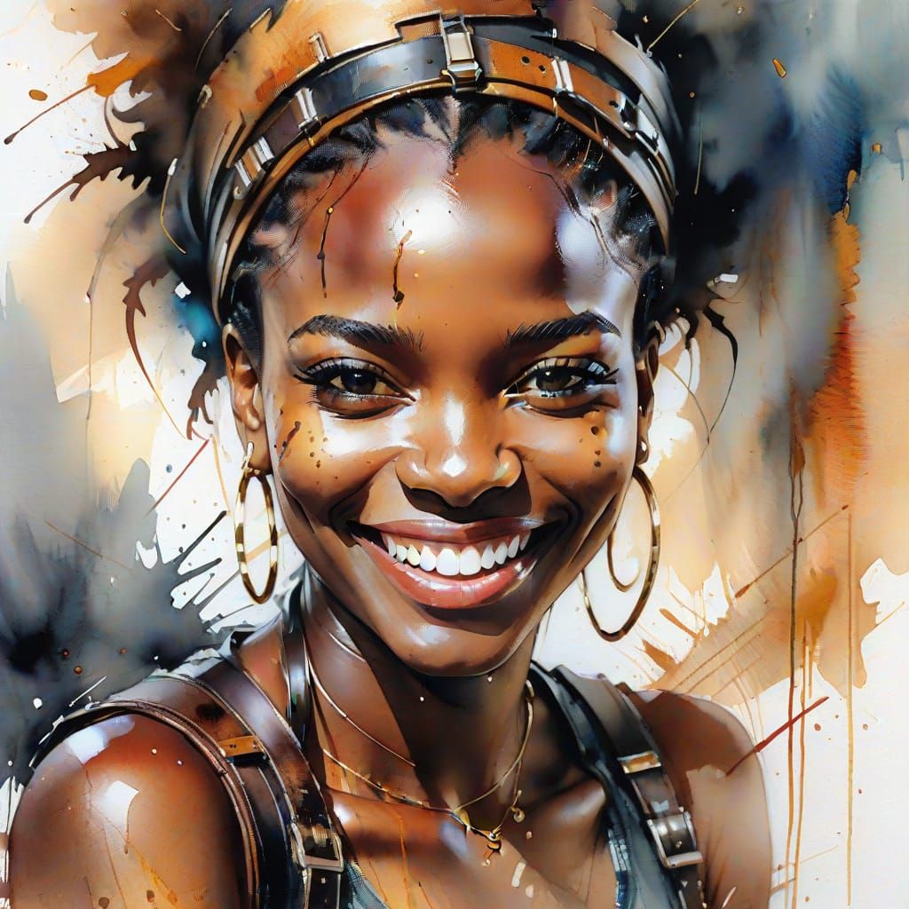 Girl in Leather Gear Portrait in Watercolour Style