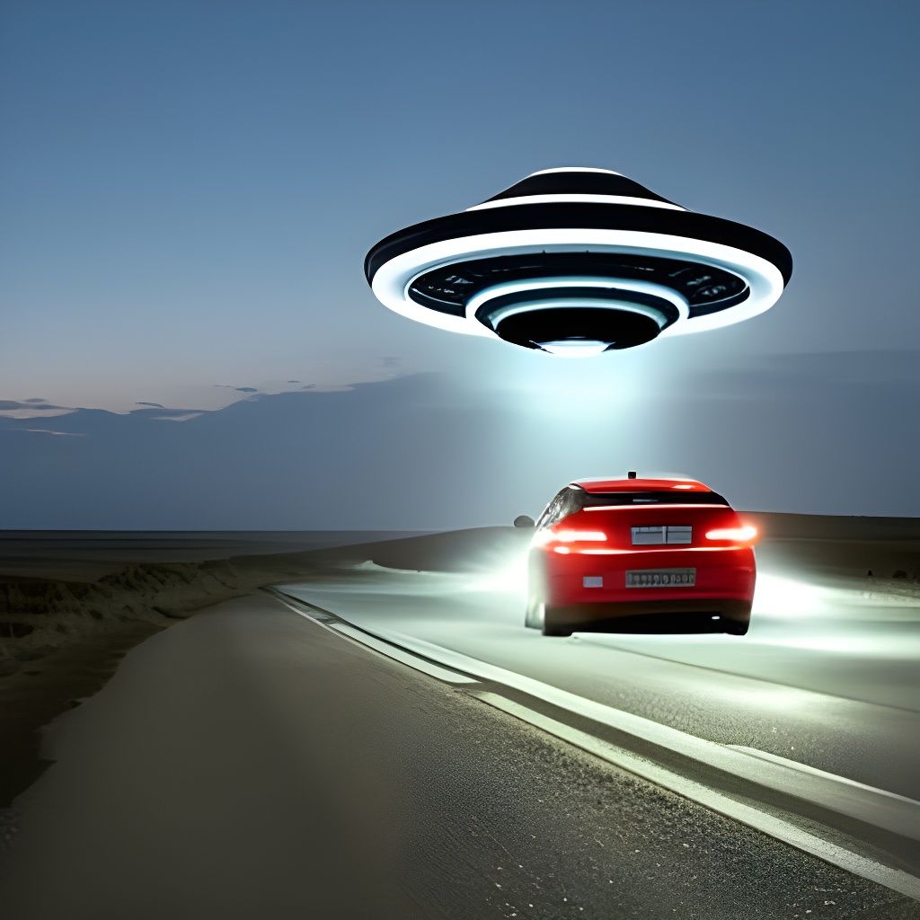 UFO Hovering Over Car on Desolate Road