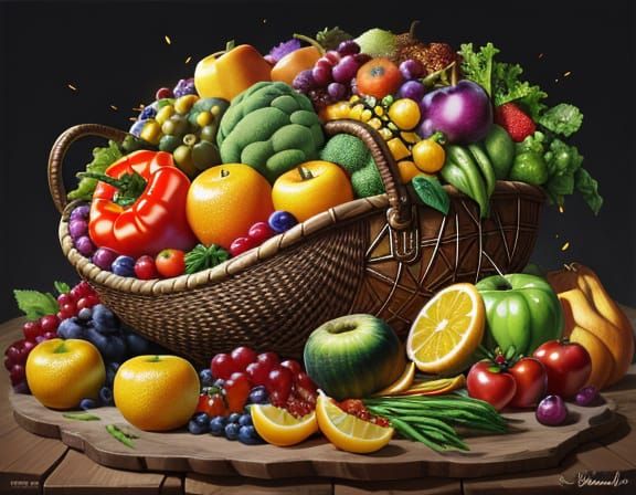 Surreal Cornucopia Overflowing with Vibrant Fruits and Veget...