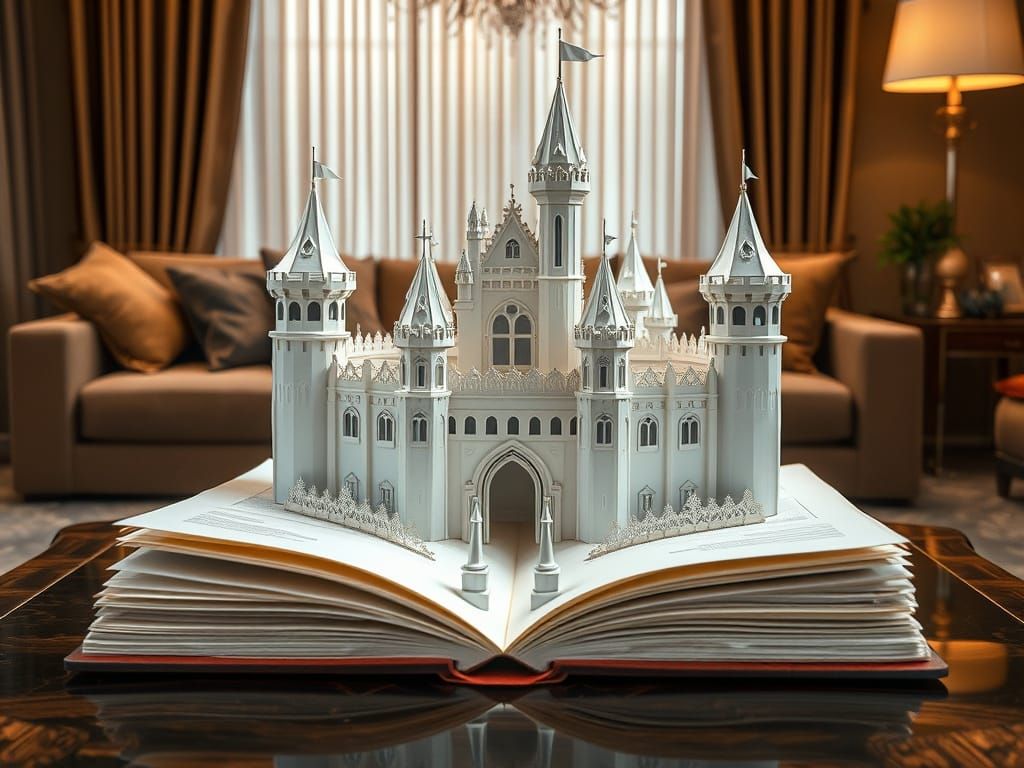 Pop-Up Book Castle on Coffee Table in Surreal Style