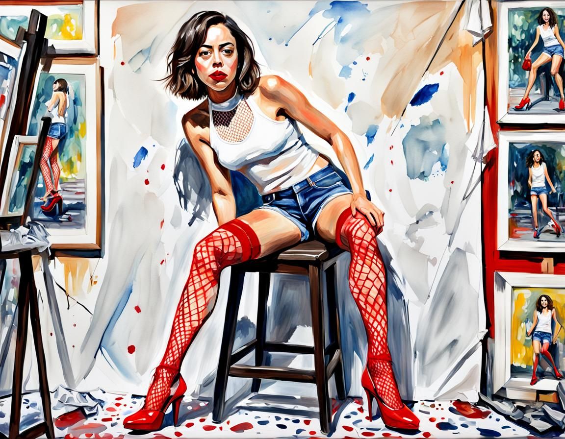Aubrey Plaza in Gouache Style With Red High Heels