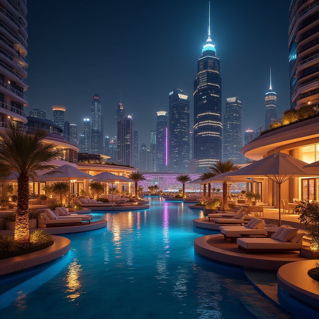 Luxury Dubai Night Skyline with Futuristic Entertainment