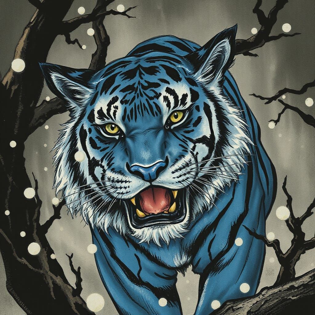 Blue Tiger Emerges from Korean Minhwa Brushstrokes