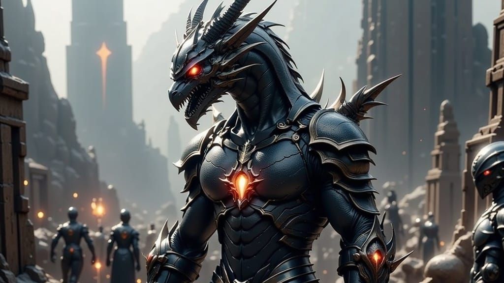 Dragon Warrior in Armor on Battlefield