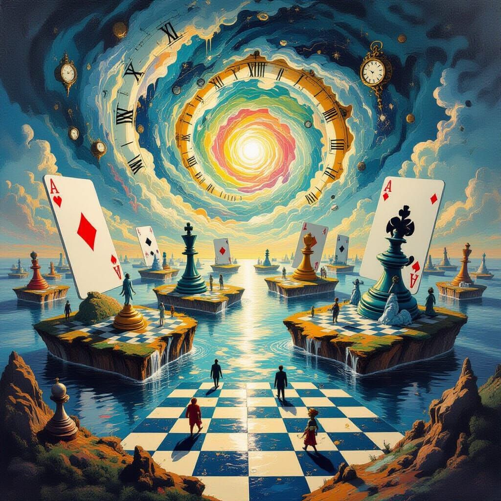 Surreal Landscape with Floating Playing Cards and Chess Piec...