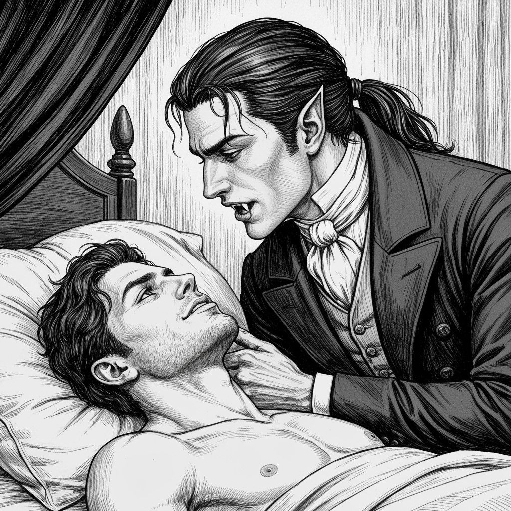 Vampire Lord's Intense Gaze in Detailed Woodcut Style