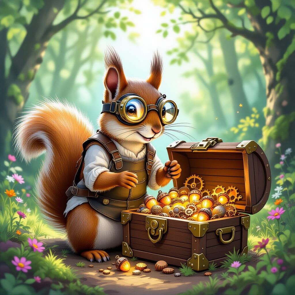 Steampunk Squirrel Finds Treasure in Watercolor Forest