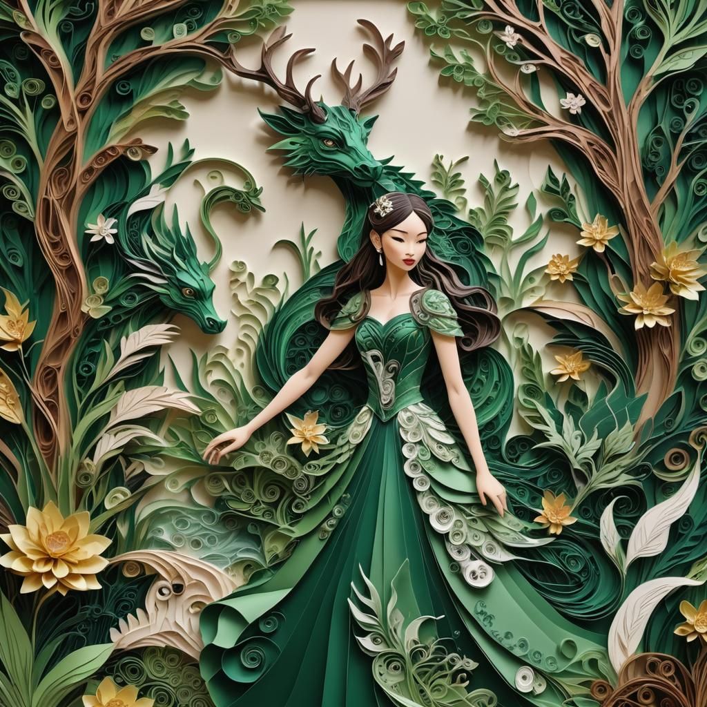 Woman and Dragon in Layered Paper Art