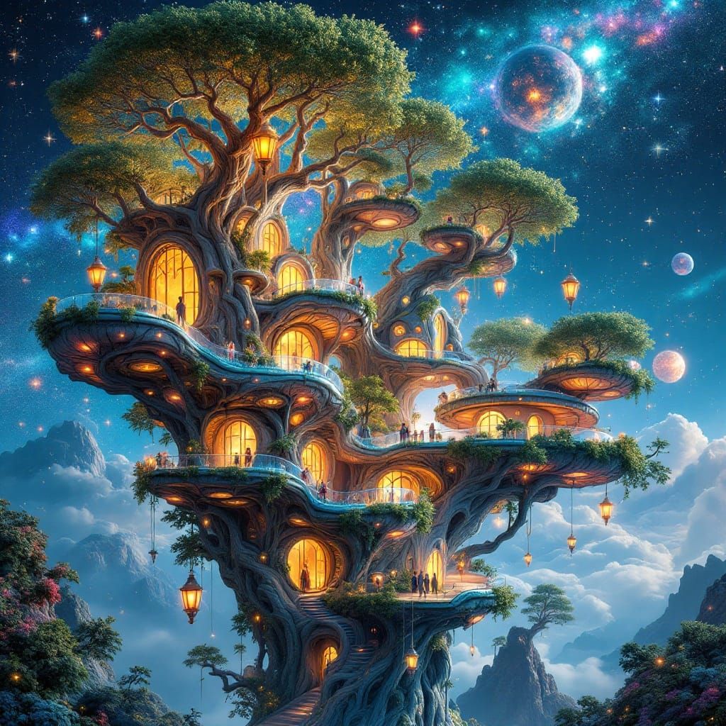 Cosmic Treehouse Metropolis in Vibrant, Iridescent Hues