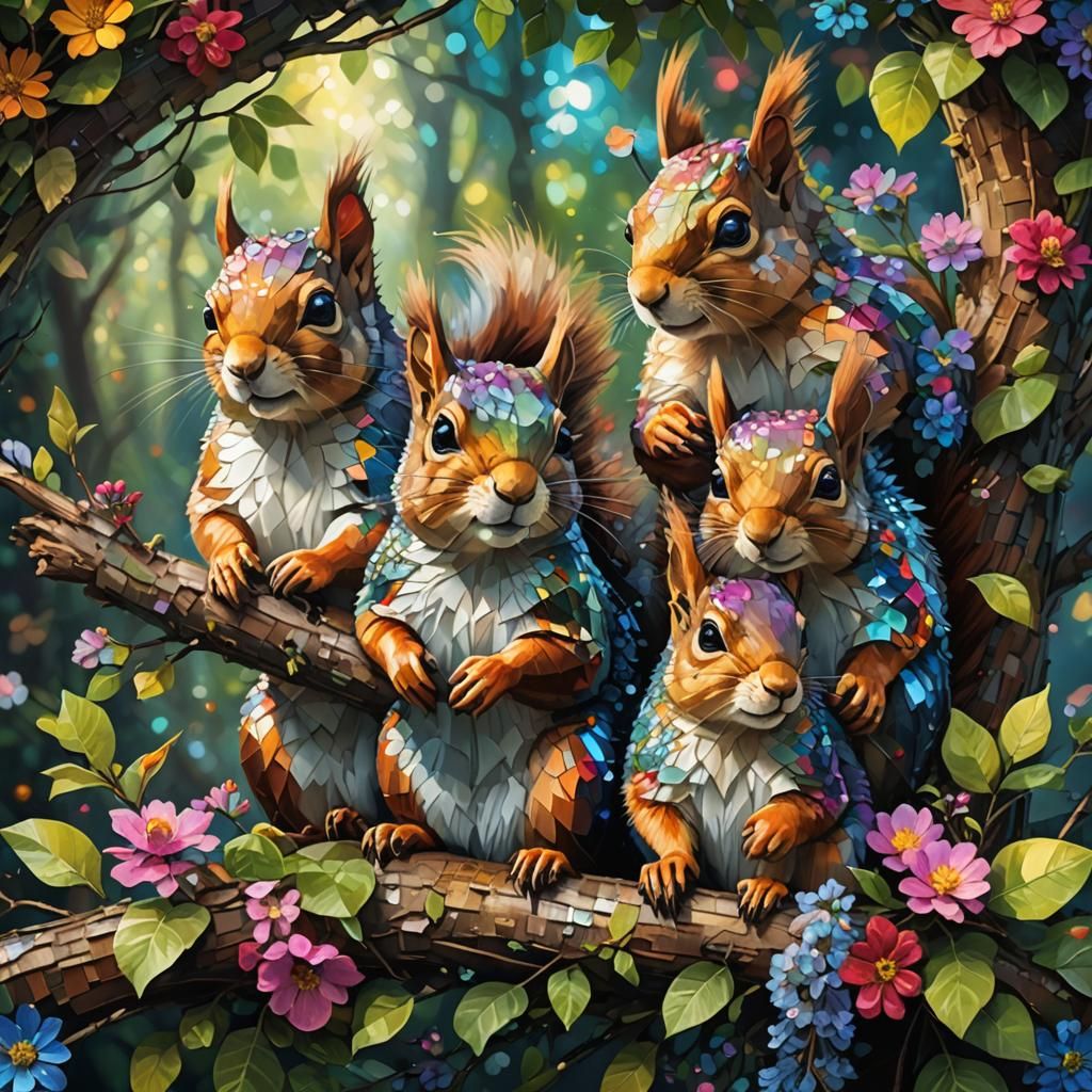 Norwegian Squirrel Family: Vibrant Digital Mosaic Portrait
