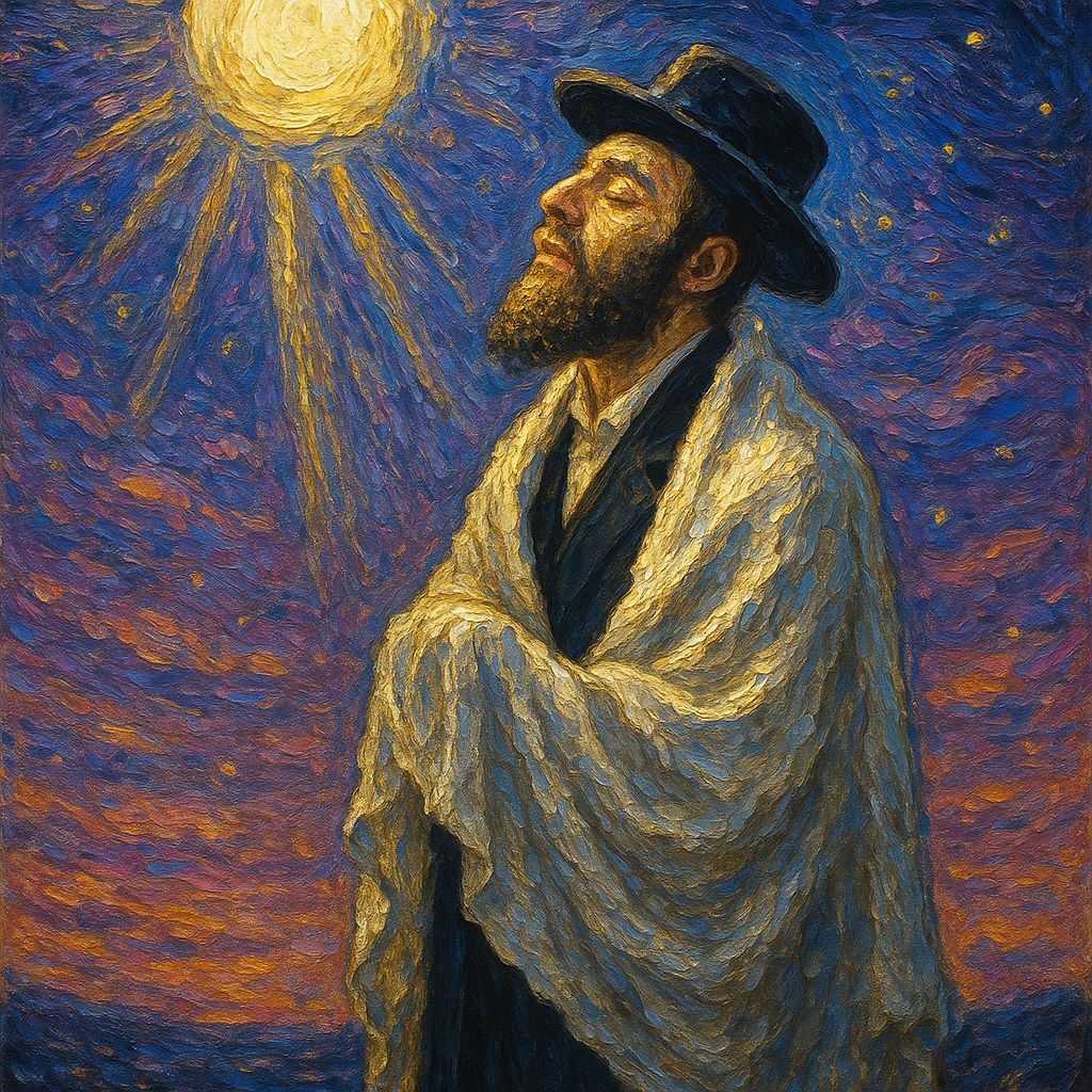 Spiritual Man in Tallit Under Celestial Sky