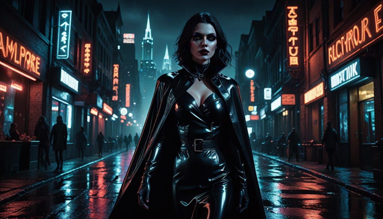 Latex Vampire Strolls through Neon City