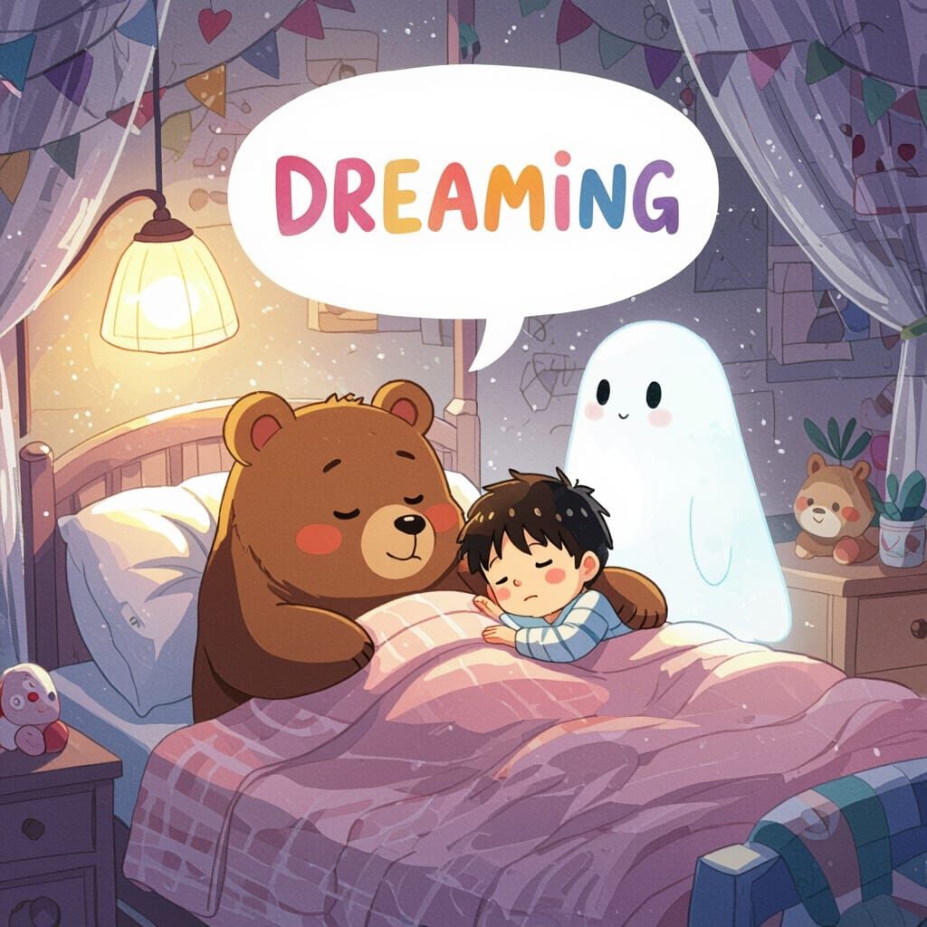 Watercolor Anime: Bear and Boy Sleep in Cozy Bedroom