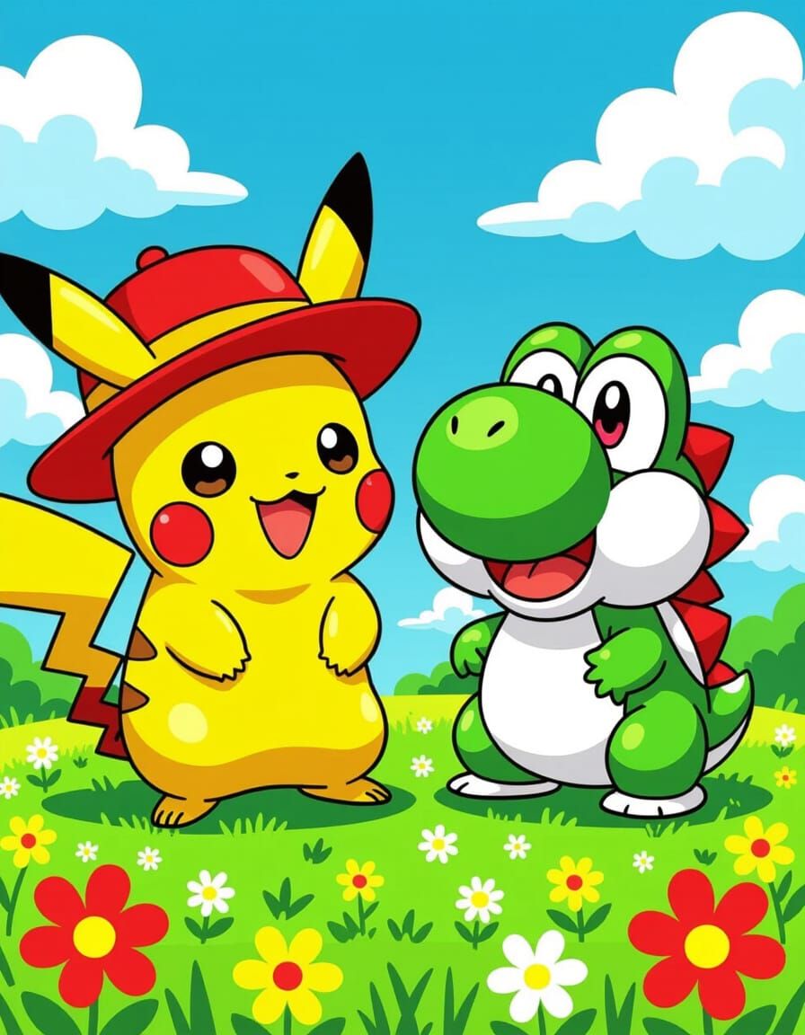 Chibi Pikachu and Yoshi in a Meadow