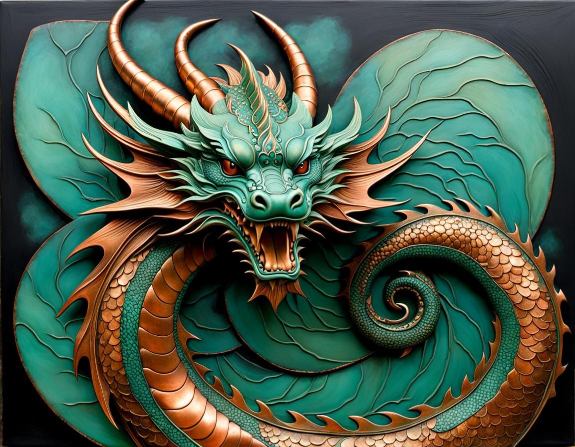 Copper Dragon with Verdigris Patina in Encaustic Style