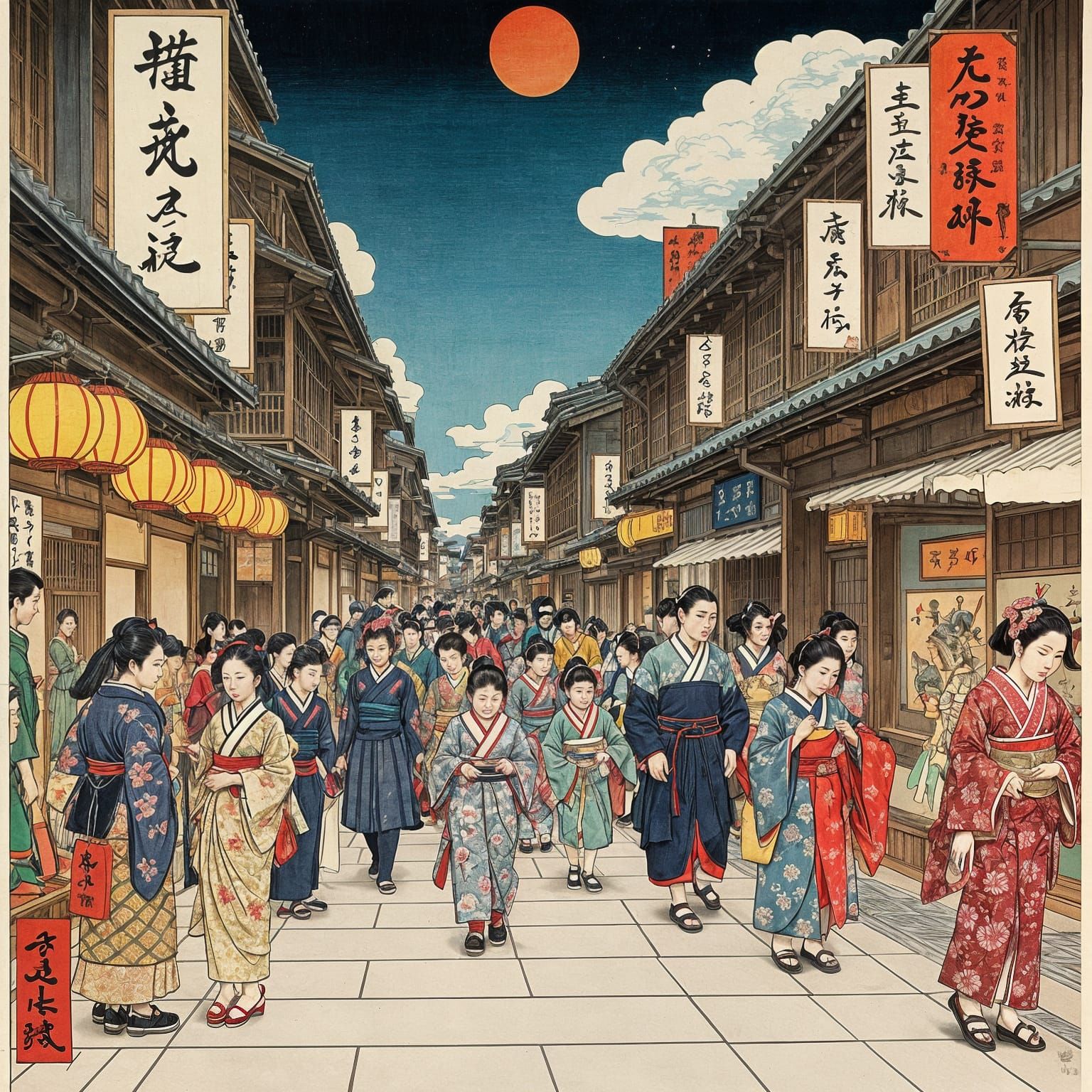 Traditional Edo Period Street Scene in Vibrant Ukiyo-e Style