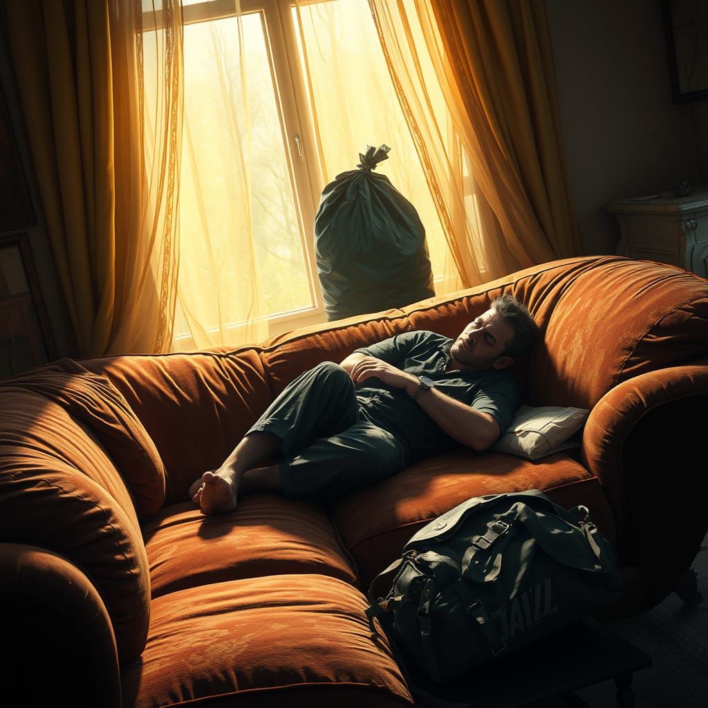 Relaxed Man Lost in Lethargy on Velvet Sofa