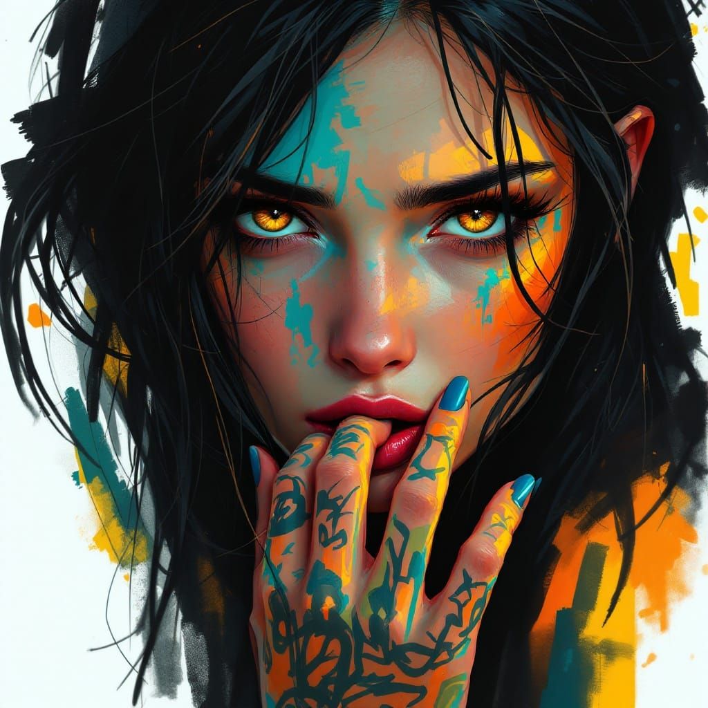 Woman with Golden Eyes in Cyberpunk Style