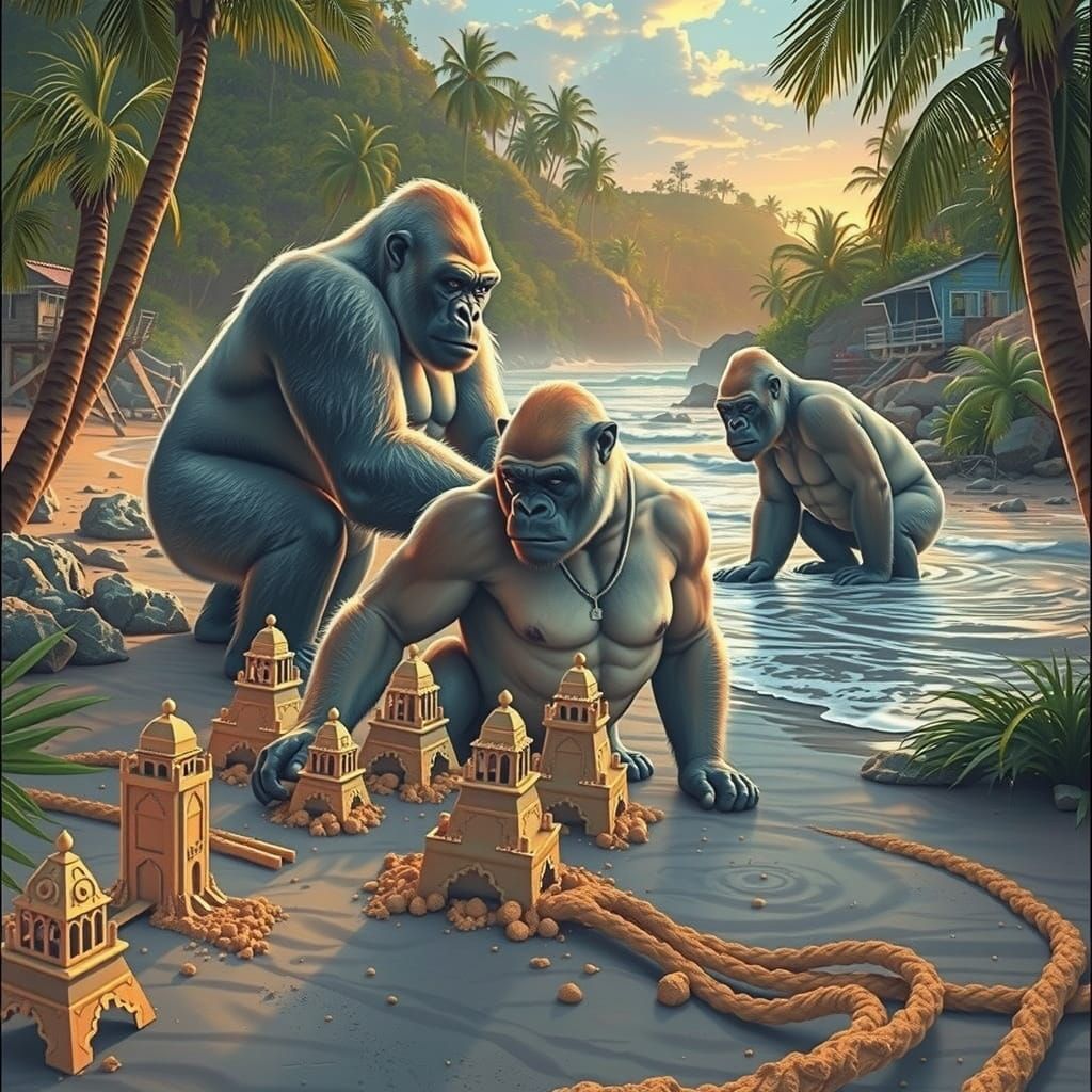 Gorillas Building Sandcastles on Tropical Beach at Sunset