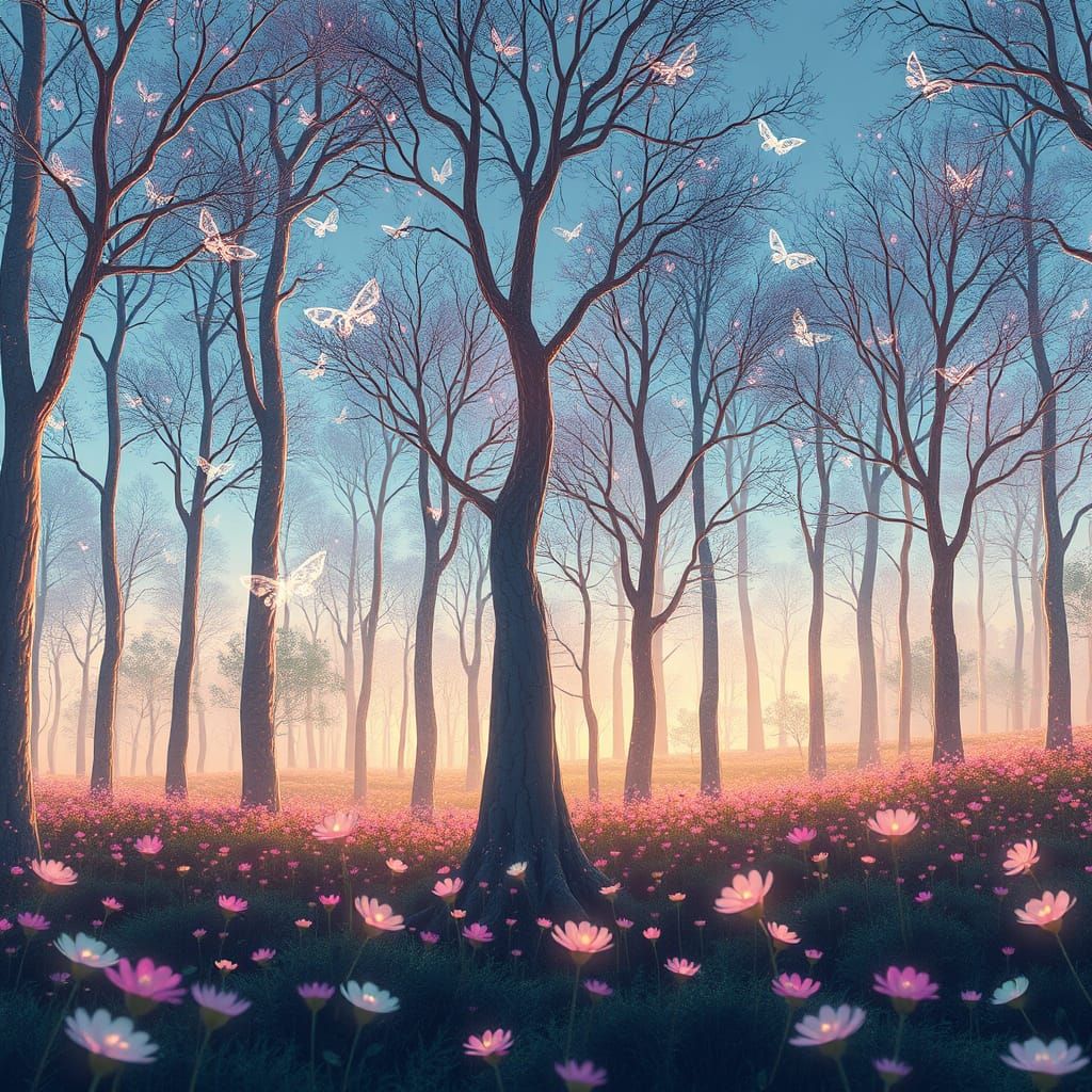 Whimsical Forest at Dusk in Vibrant Colors