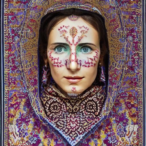 Woman in Serbian Carpet with Lilac Blossoms