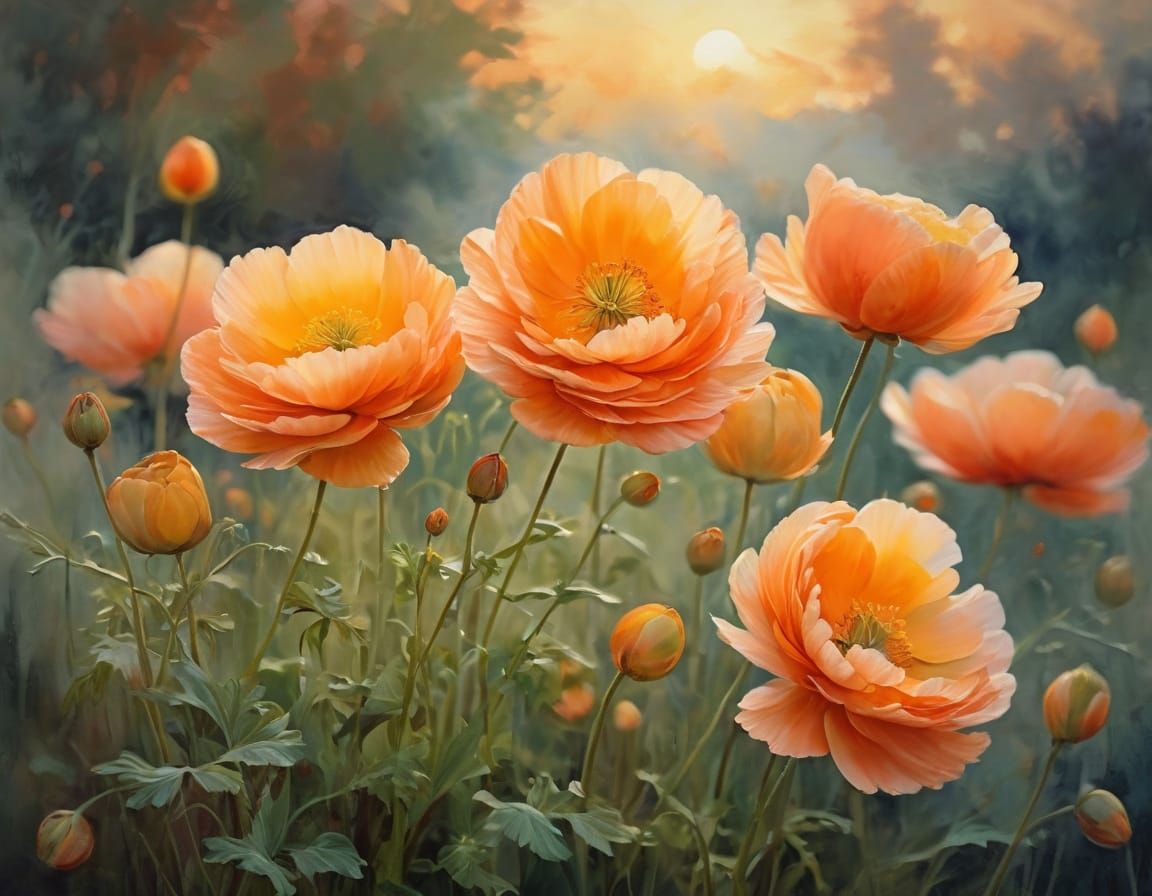 Watercolor Garden Scene with Vibrant Orange Persian Buttercu...