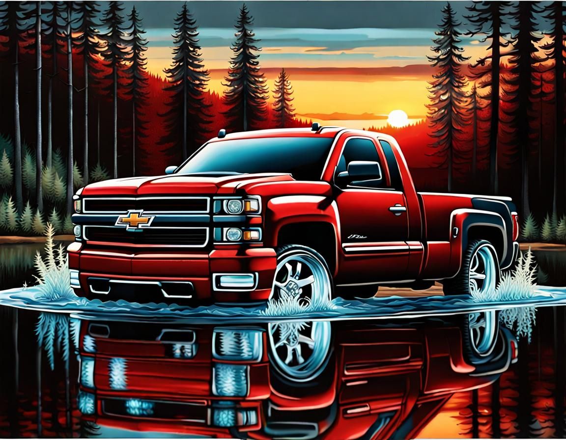 Chevy Silverado Diamond Painting in Metallic Watercolor Styl...