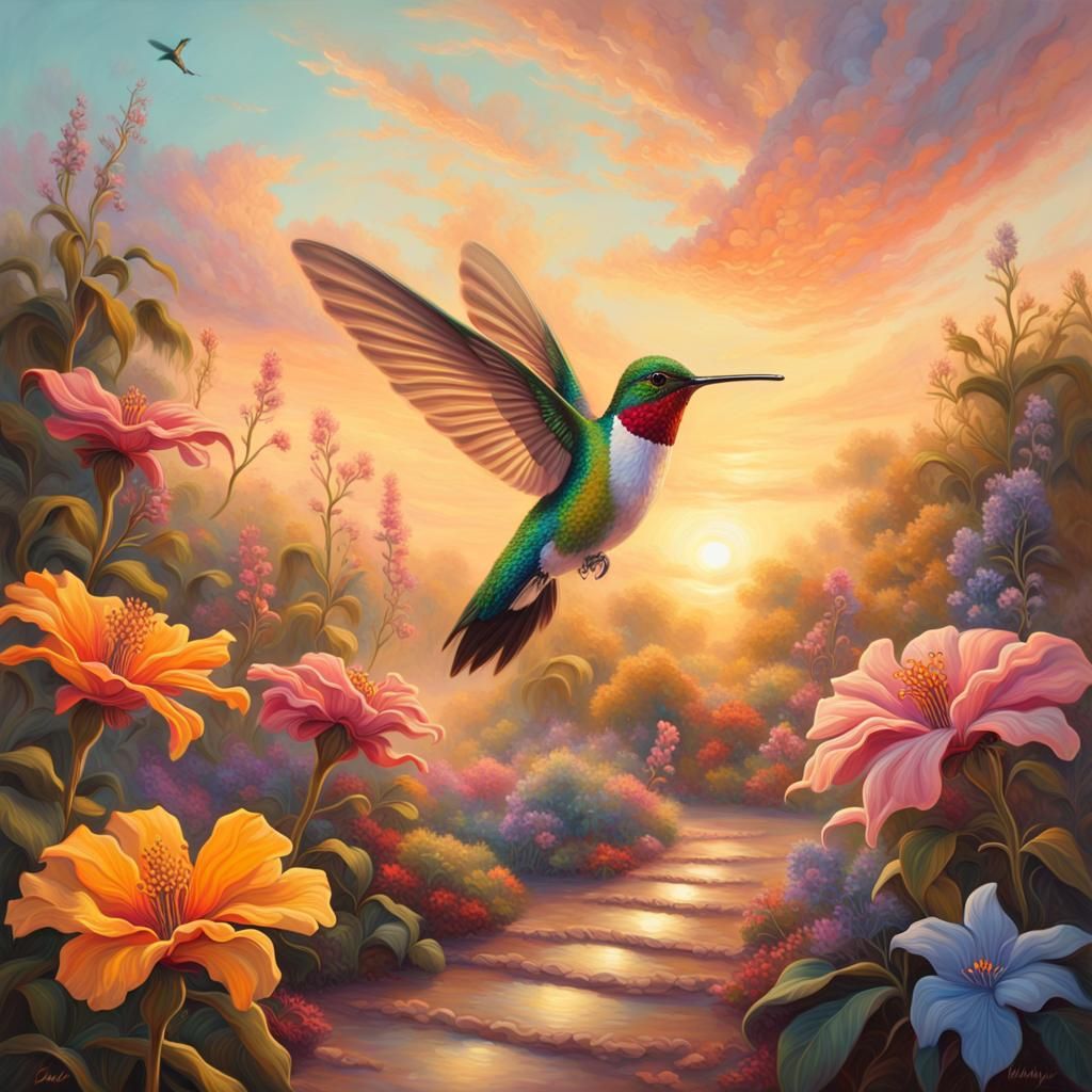 Hummingbird in Golden Light: A Cinematic Oil Painting