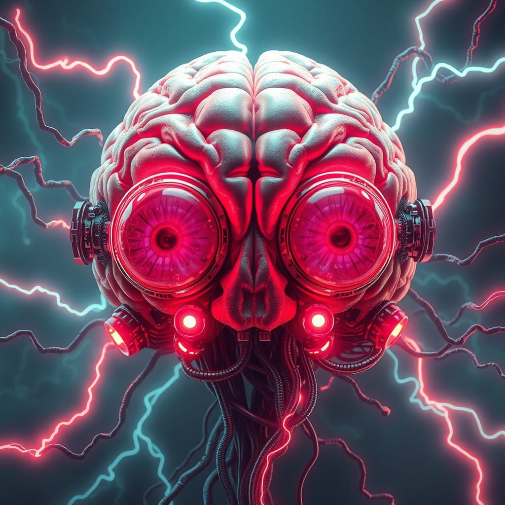 a detailed brain with big eyeballs and electricity