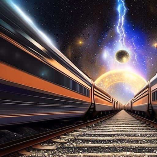 Train Speeding Through Space Portal: Digital Painting