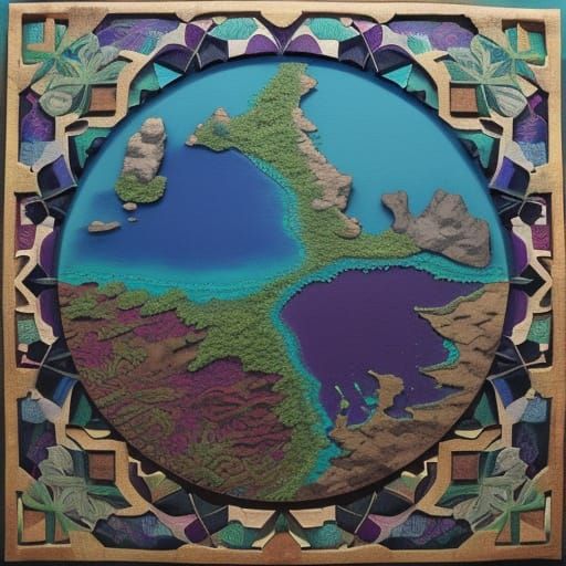 Island of Bali done in batik fabric, mixed media, jewel tone...