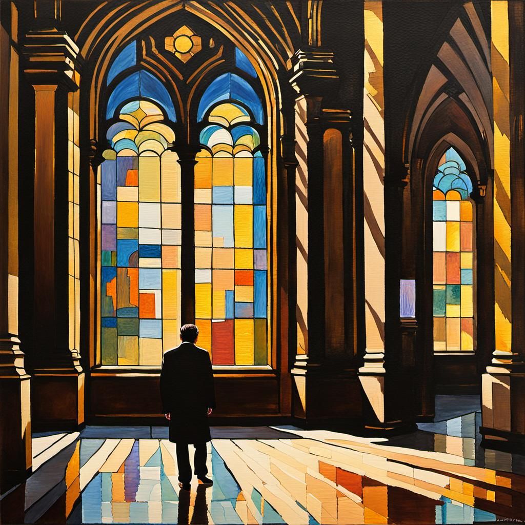 Gouache Painting of Figure in Museum Lobby