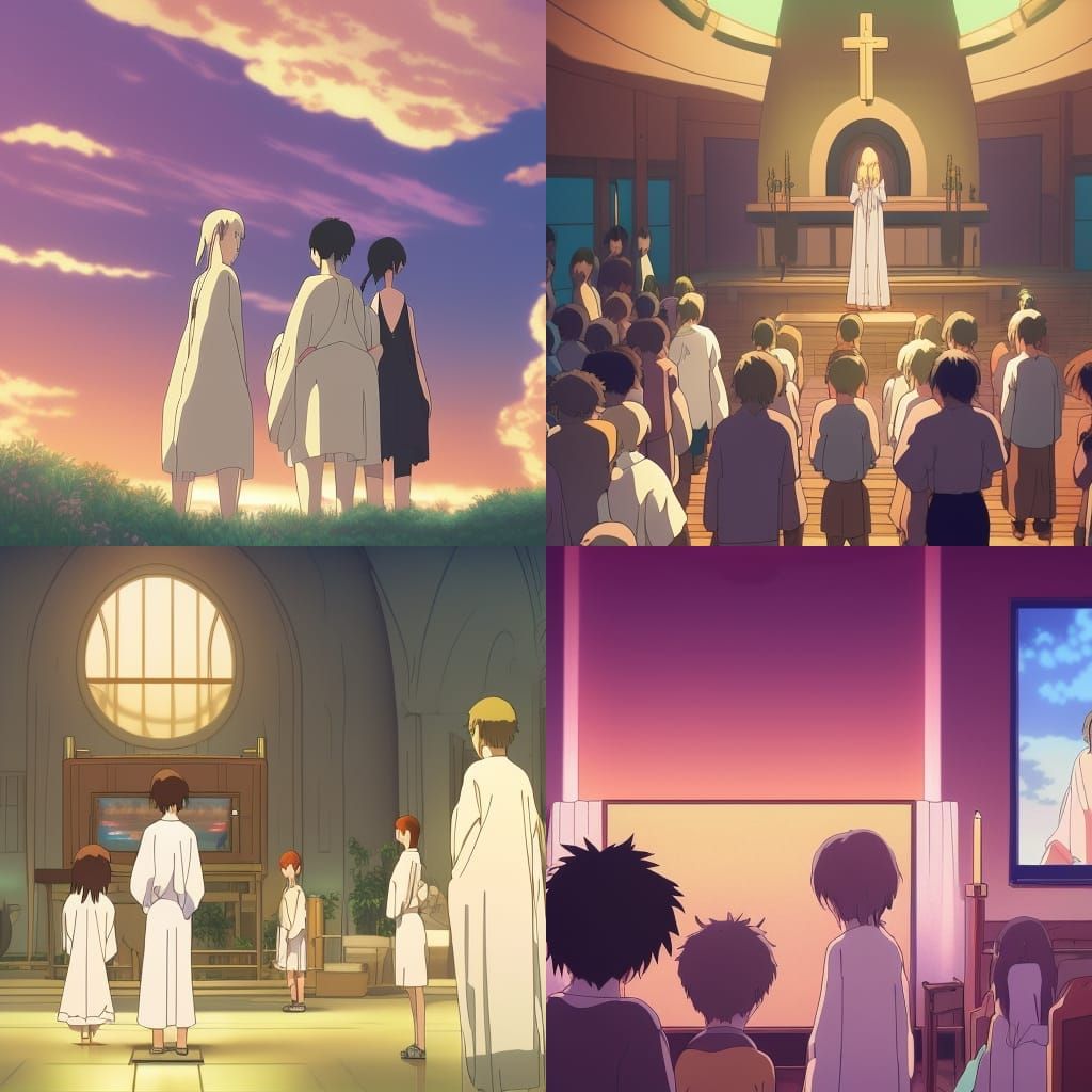 Christians Worshiping Television in Studio Ghibli Style