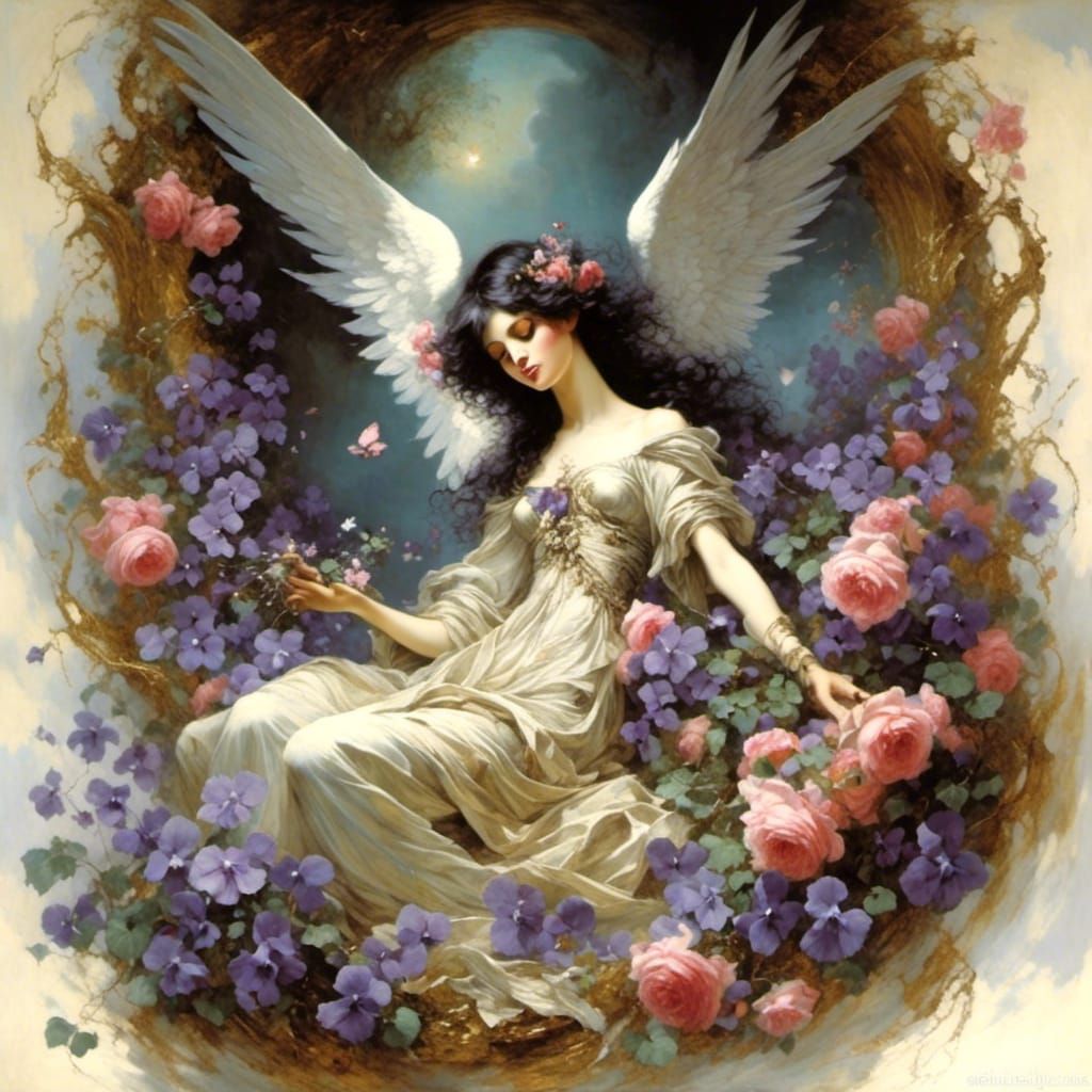 Anime Goddess of Spring with Roses and Violets