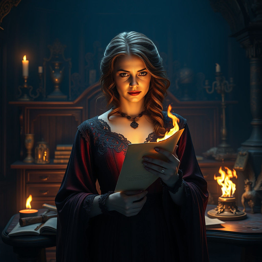 Victorian Woman Burning Letter in Mystical Chamber