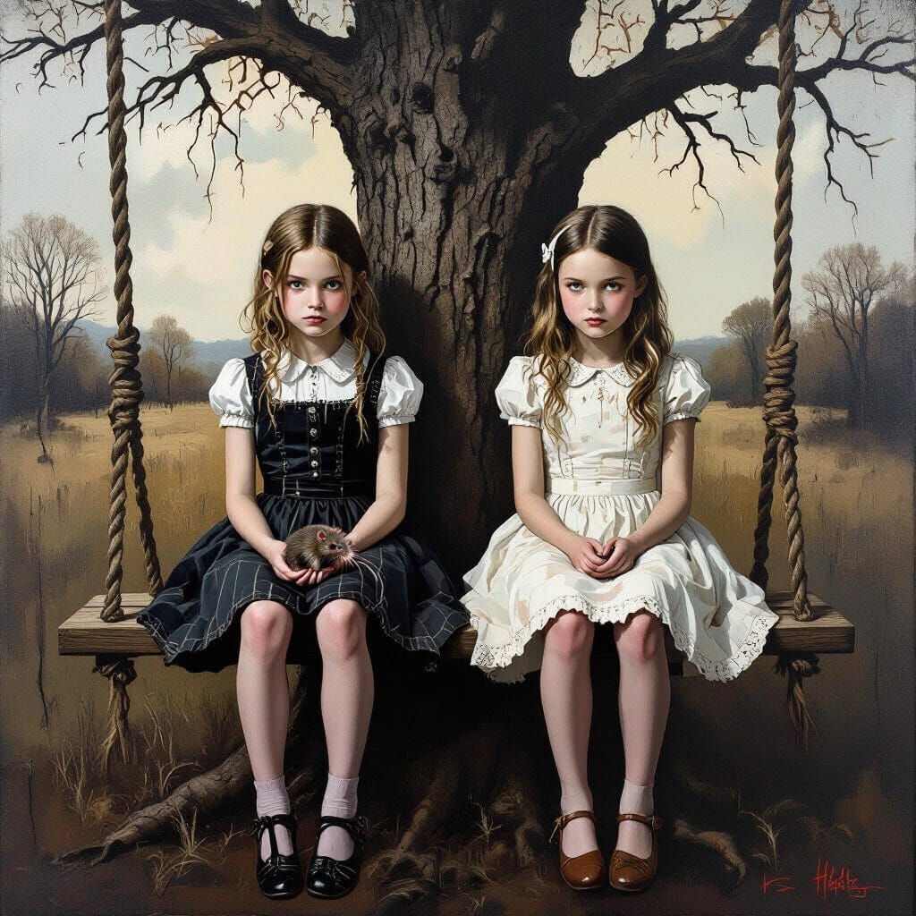 Neo-Expressionist Portrait of Girls on Swing