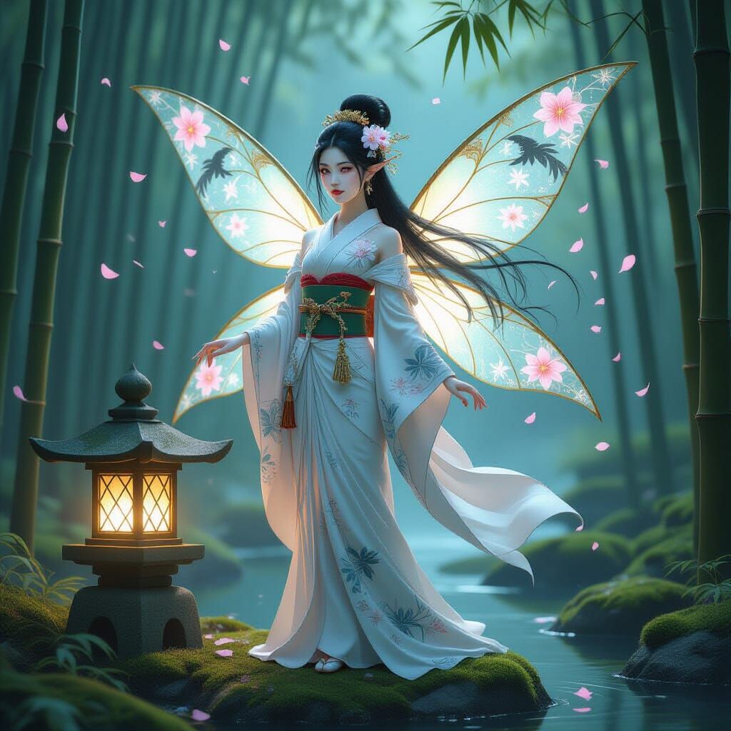 Japanese Fairy with Origami Wings in Bamboo Grove