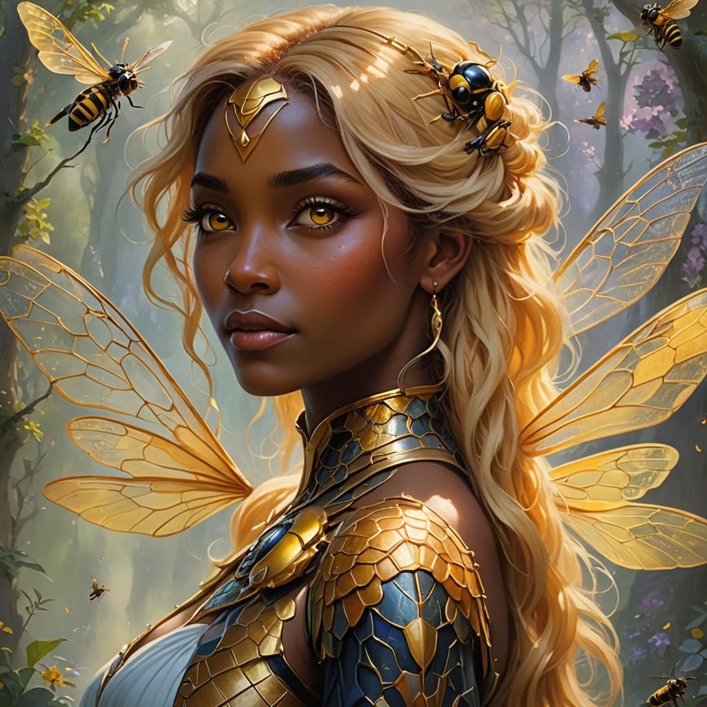 Ethereal Woman with Wasp Wings in Fantasy Style