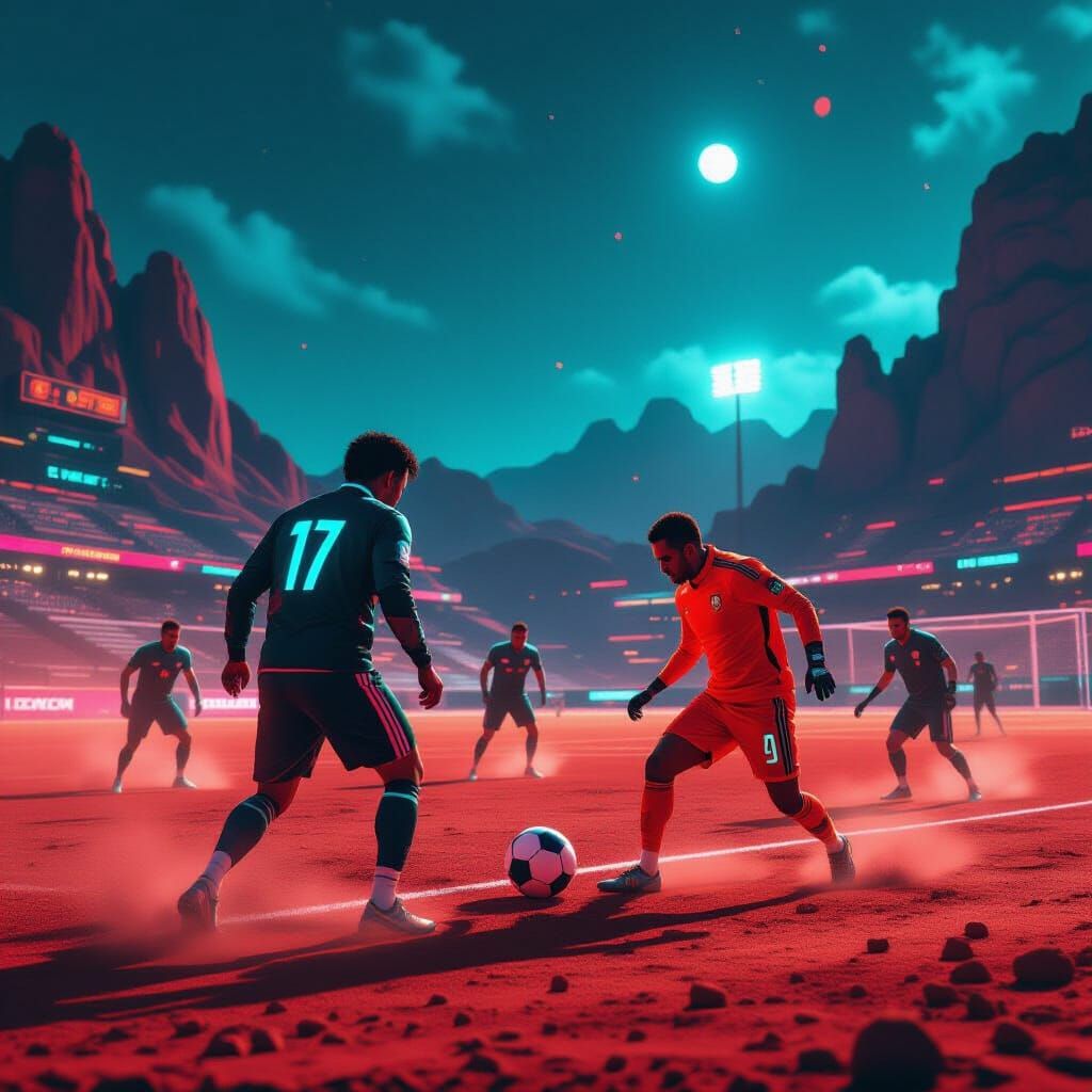 Cyberpunk Mars Soccer Match Under Neon Sky