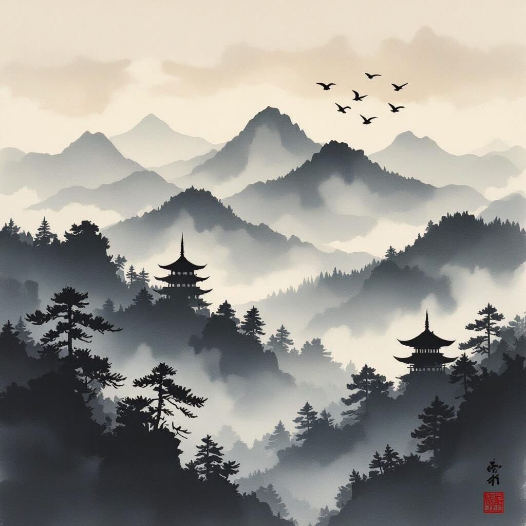 Misty Mountain Sumi-e Landscape with Pagoda