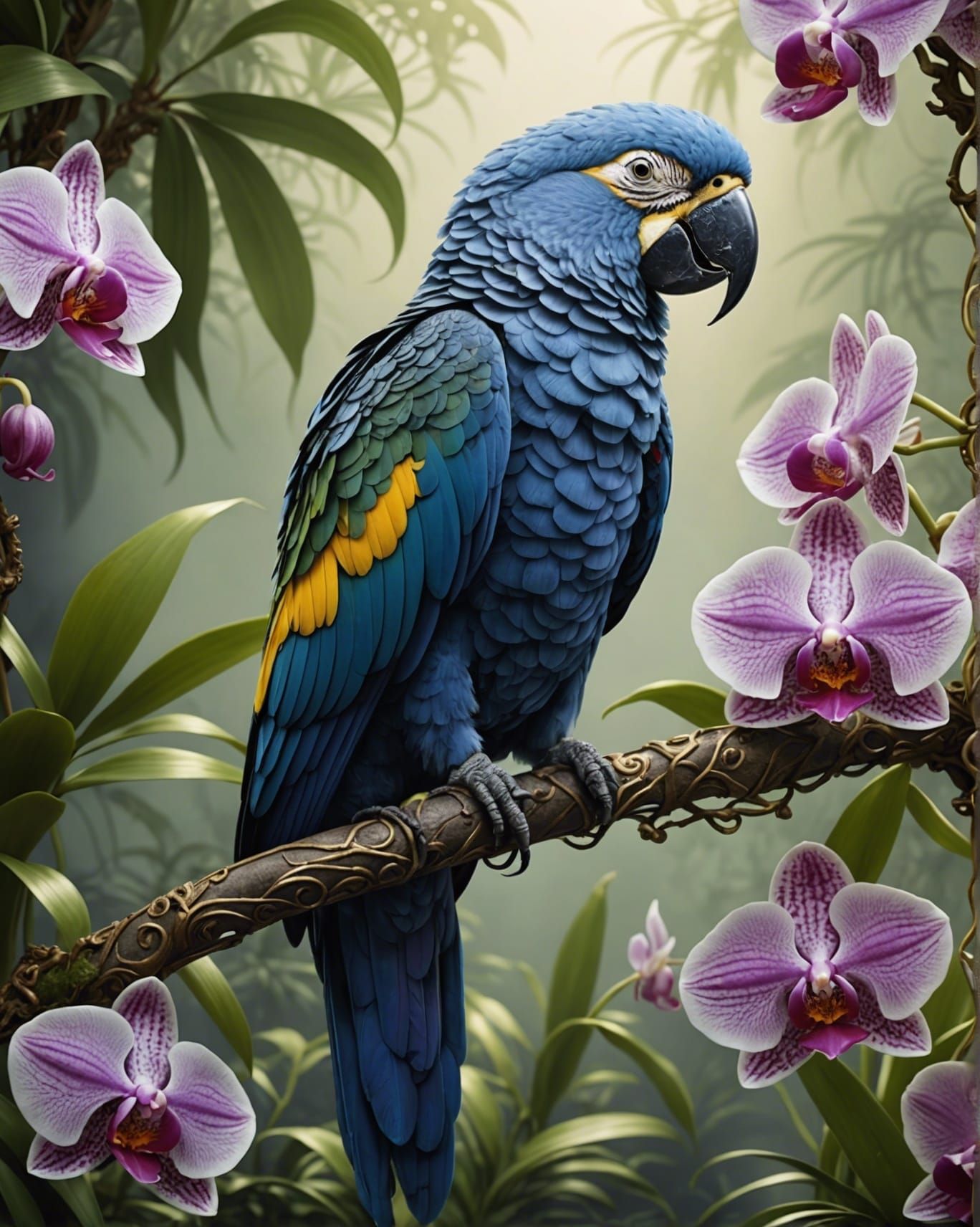 Parrot and Orchid Flowers in Fantastical Style