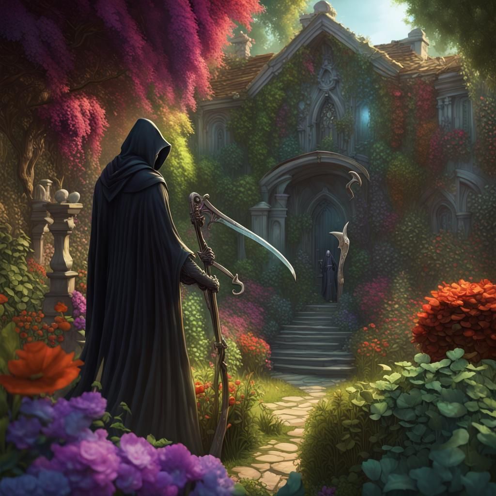 The Grim Reaper in a Lush Garden