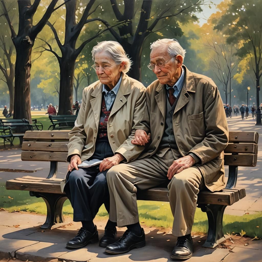 Elderly Couple in Park at Sunset: Digital Oil Painting