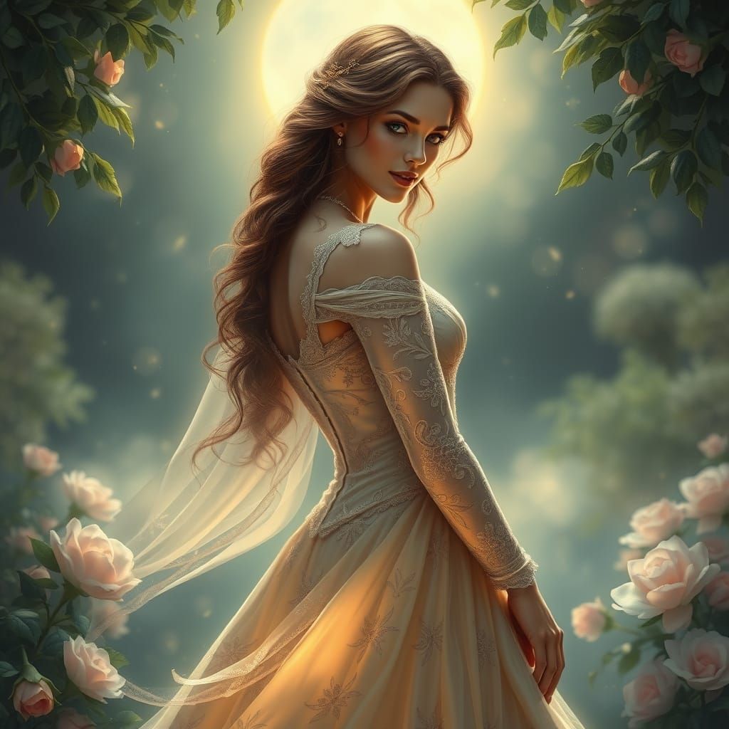 Regal Woman Embodies Unbreakable Love in a Moonlit Garden
