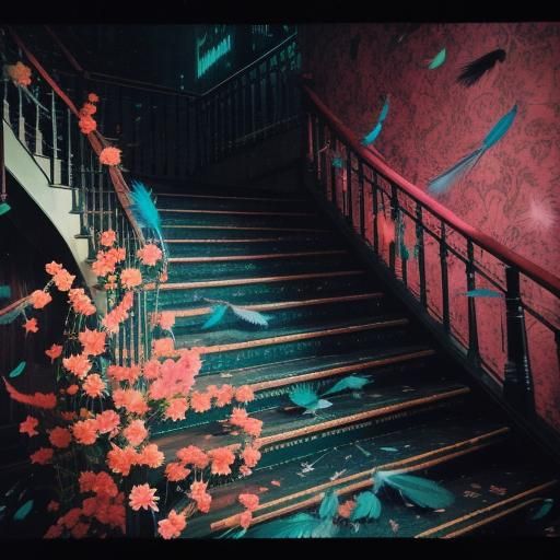 Feathers on Staircase with Analog Horror Glitch Effects