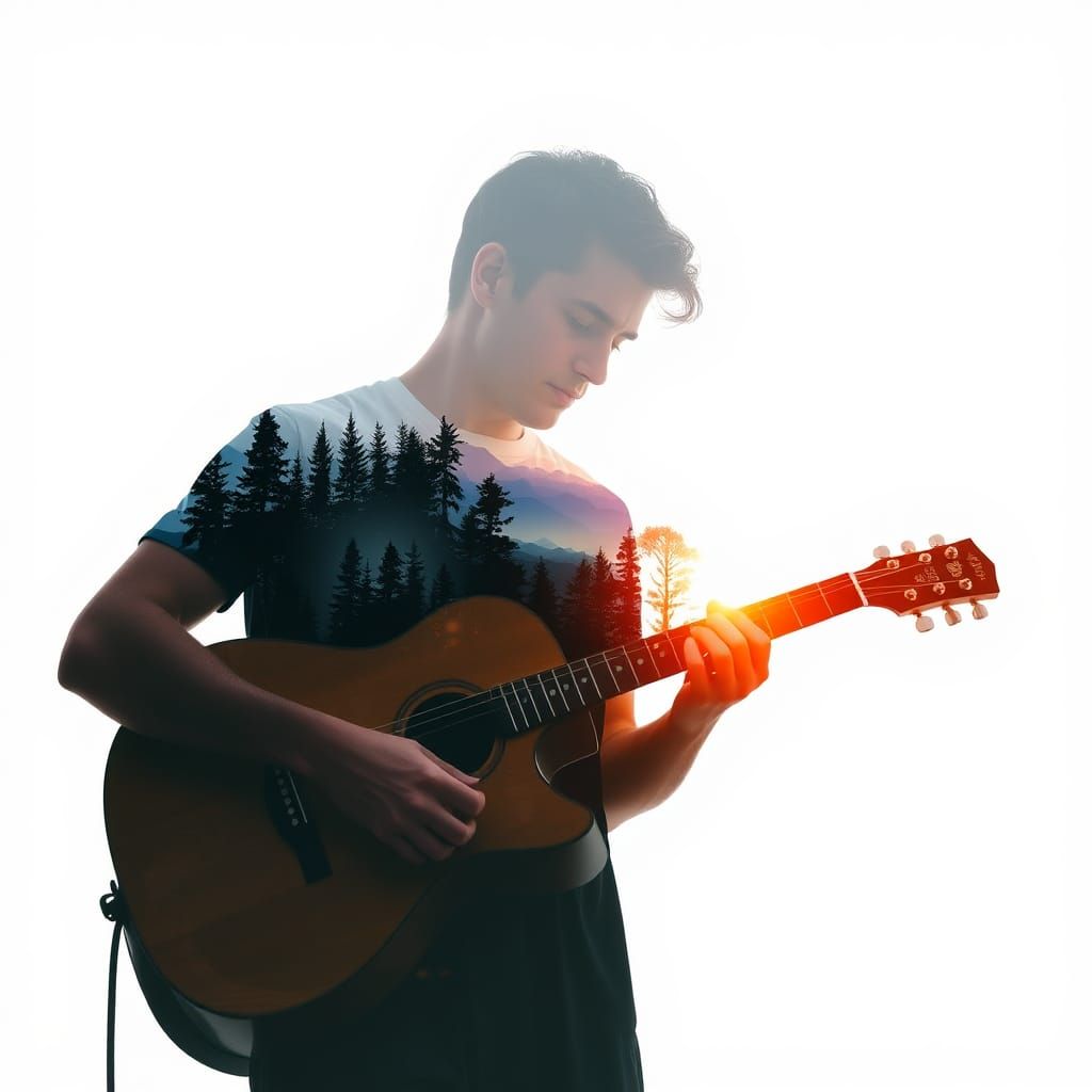 Double Exposure Guitarist in Forest at Sunset