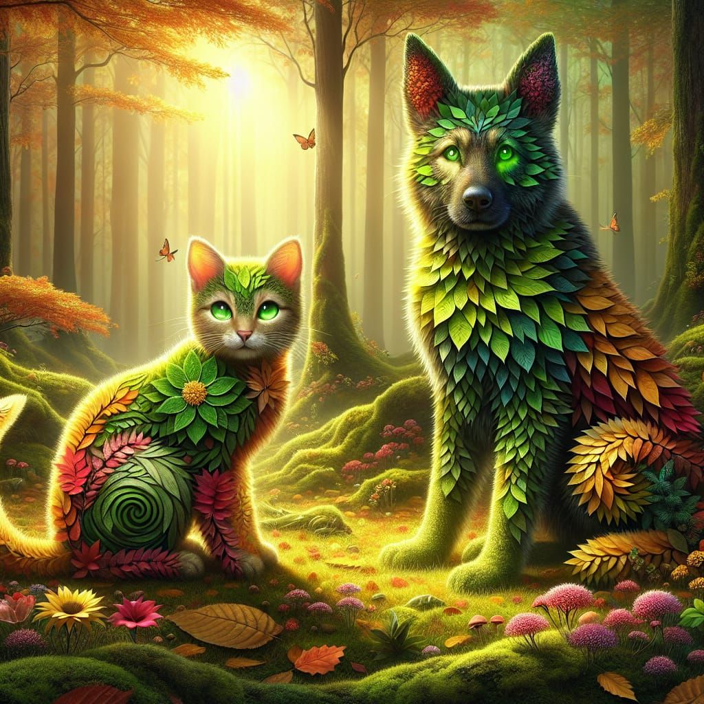 Whimsical Forest Scene with Leaf Creatures in Matte Painting...