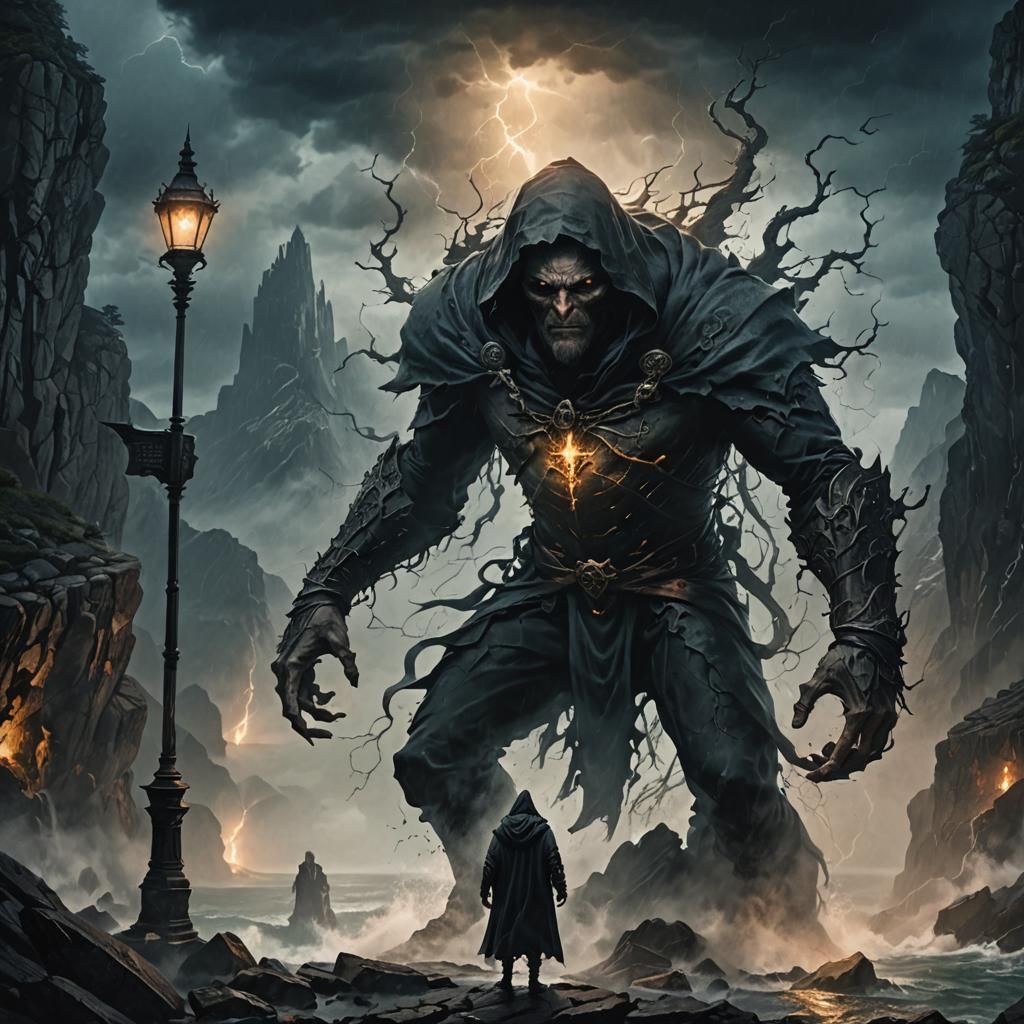 Ominous Figure Gazing at Stormy Sea