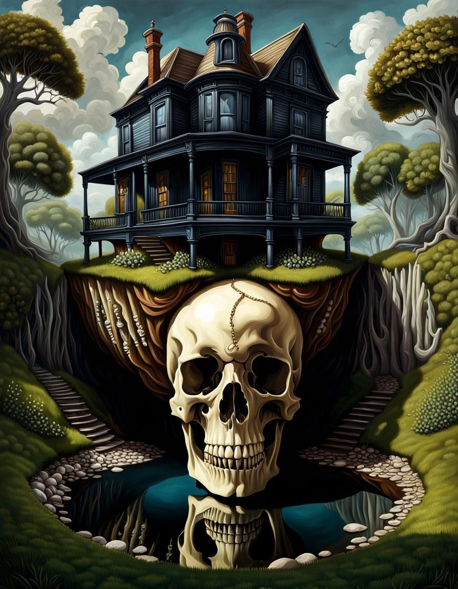 Victorian House Growing From Skull: Renaissance Oil Painting