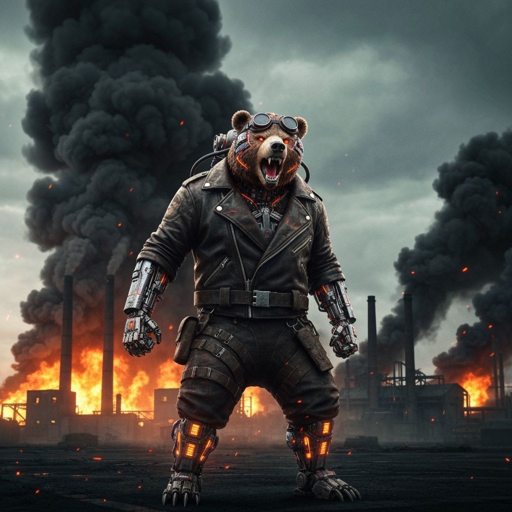 Dieselpunk Cybernetic Bear in Burning Factory